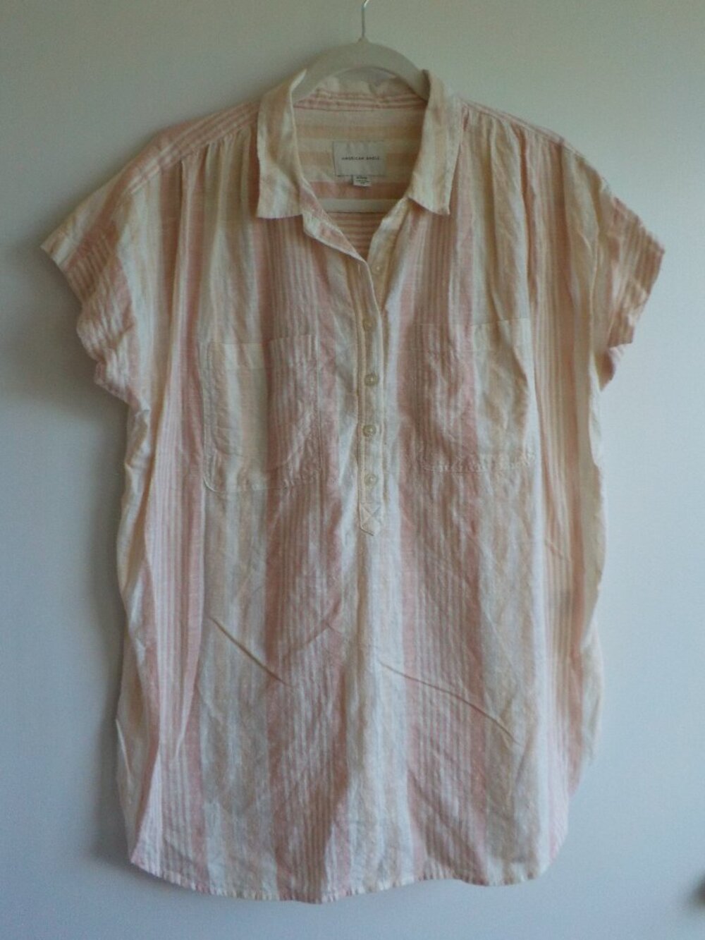 American Eagle Blouse - Small - Pink White COTTON Short Sleeve (2526)